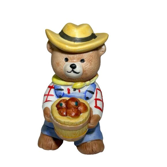 Vintage BC Bronson Teddy Bear Figurine Porcelain Bisque Farmer Apples Basket - Picture 1 of 7